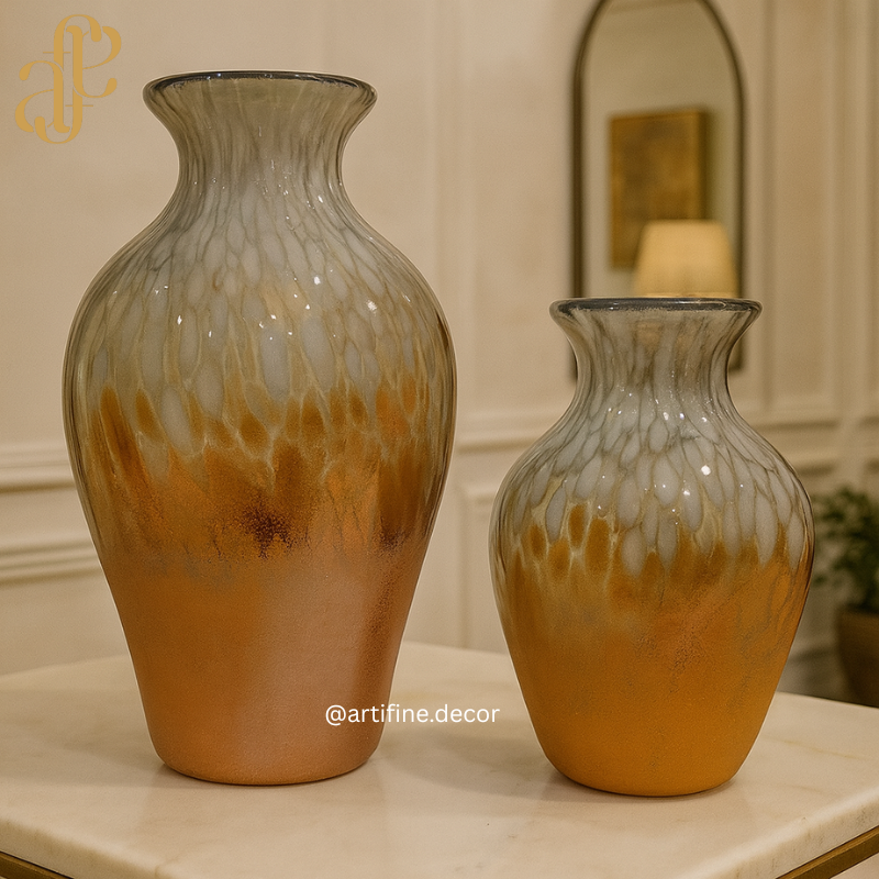 Handmade Amber & Frost Swirl Glass Vase Set – Decorative Art Home Accent