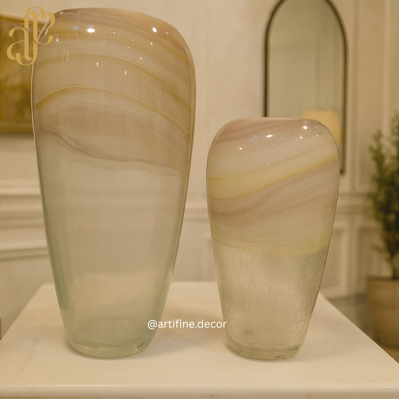 Handmade Beige Marble Swirl Glass Vase Set – Luxury Home Décor