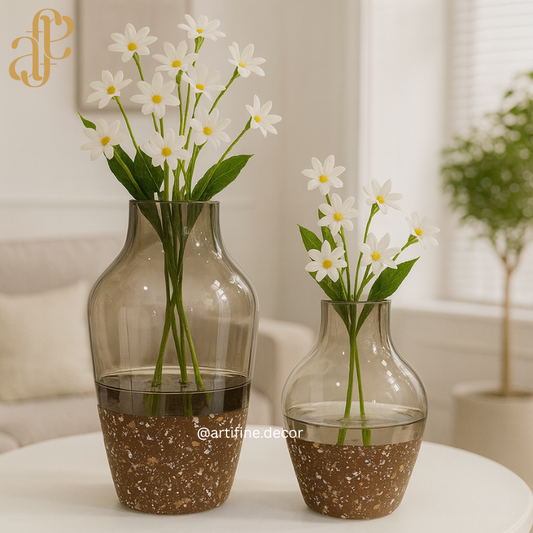 Smoky Glass & Terrazzo Base Vase Set