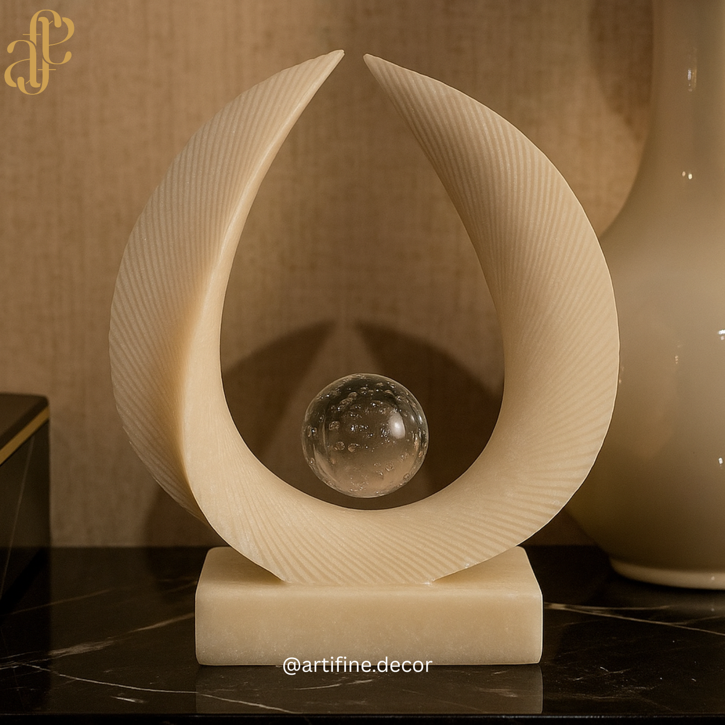 Crescent Harmony Sculpture with Crystal Sphere