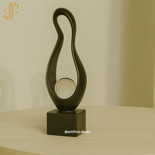 Abstract Teardrop Sculpture with Crystal Sphere – Black & White
