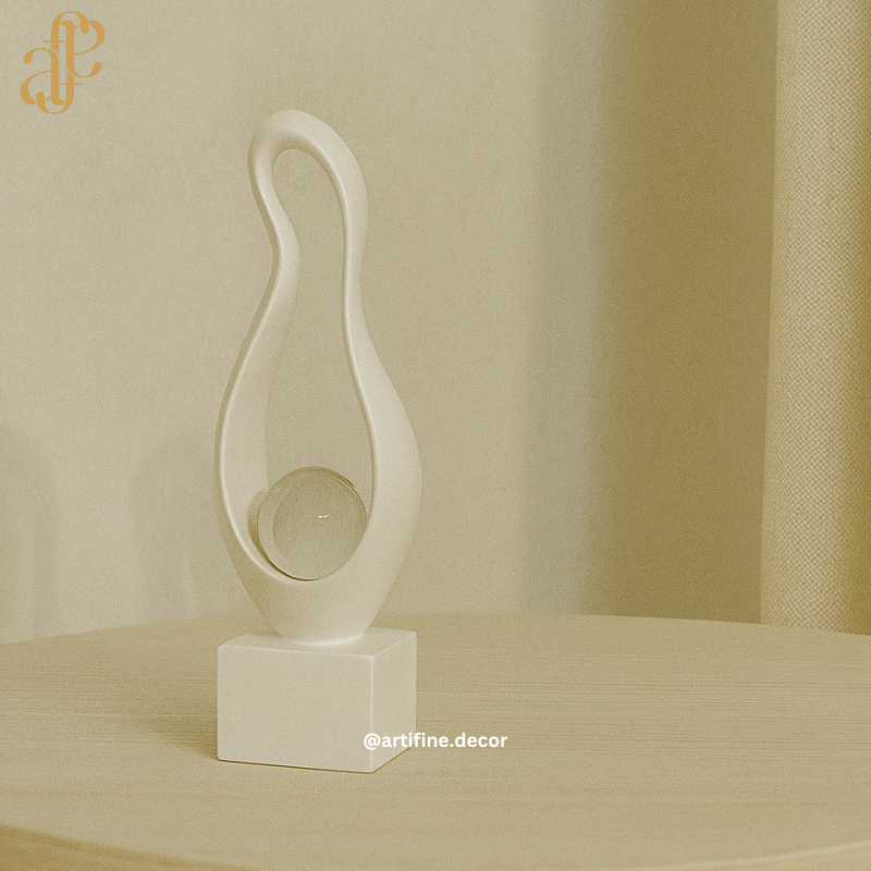 Abstract Teardrop Sculpture with Crystal Sphere – Black & White