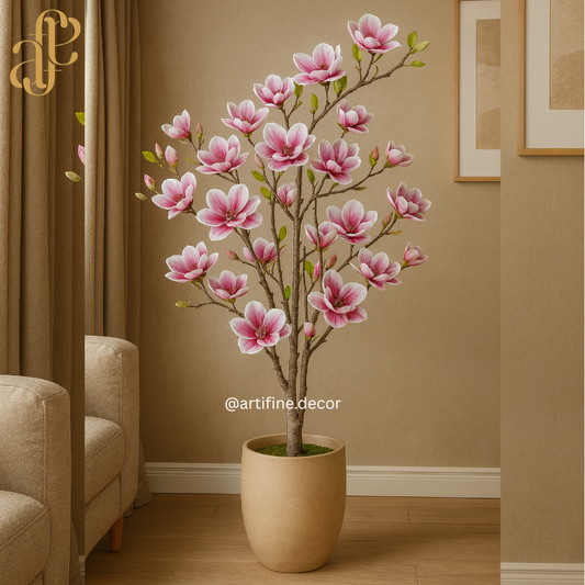Luxury Artificial Magnolia Tree – Real Touch Flowers (White / Pink / Orange)