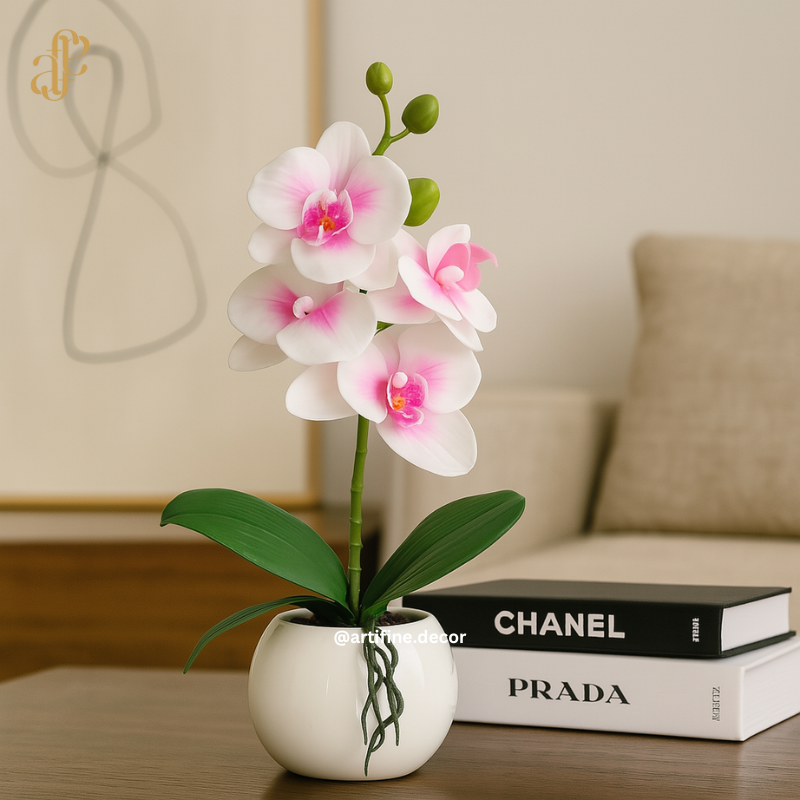 Petite Orchid Elegance in Glossy White Pot