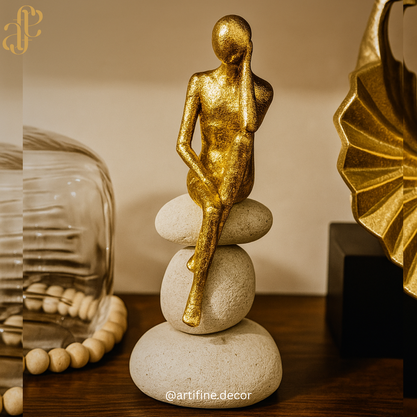 Elegant Sitting Figurines on Stone Pebble Base