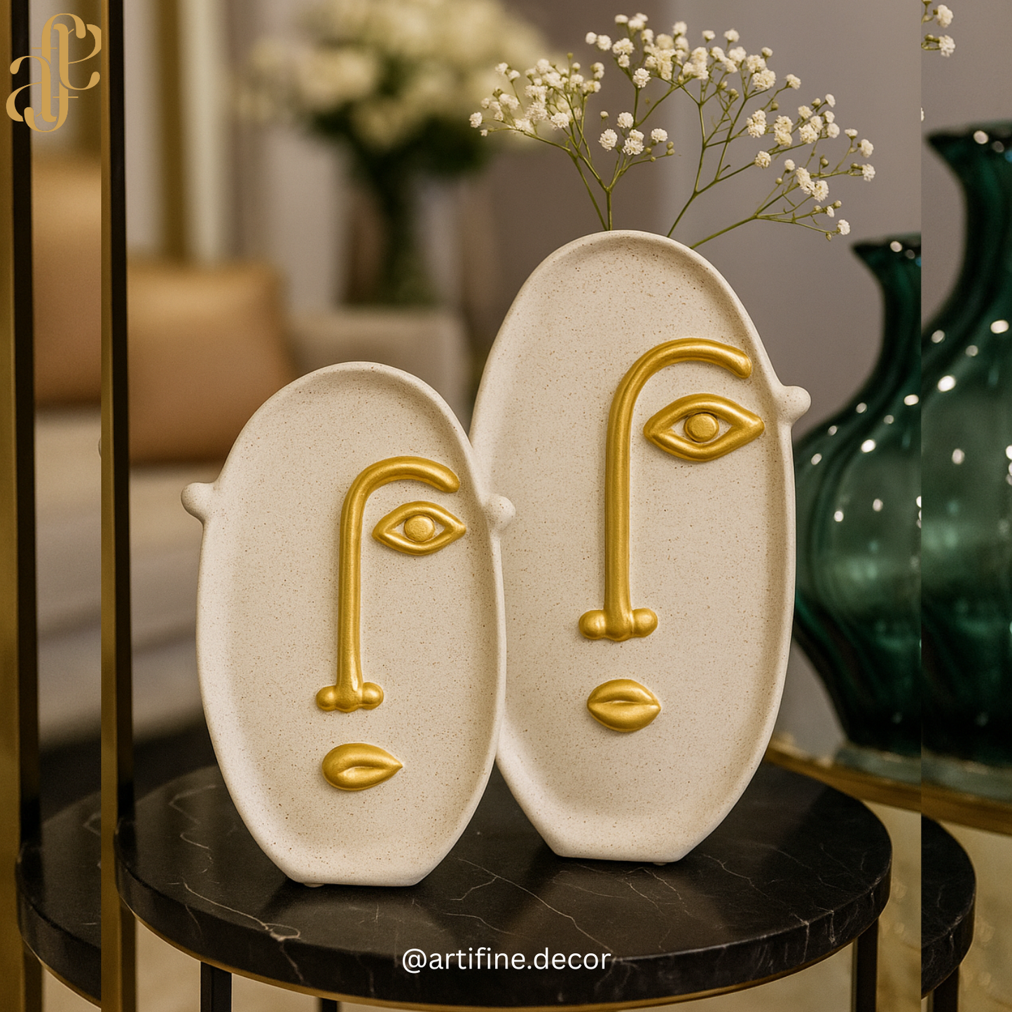 Abstract Face Ceramic Vase – White & Gold