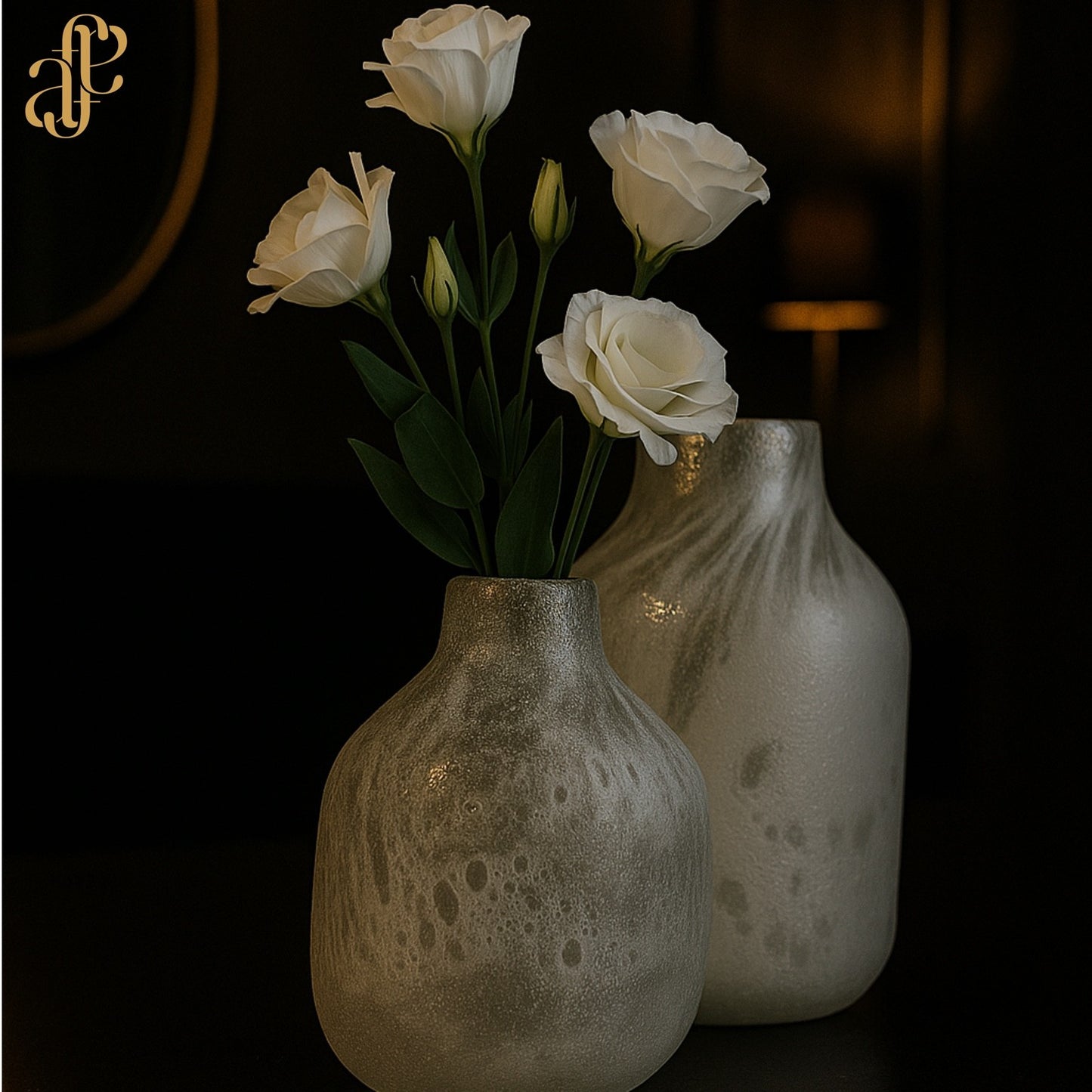 Frosted Glass Vase Duo – Moon Texture Finish with Floral Accent