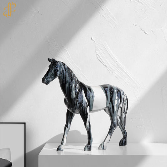 Hand-Painted Horse Sculpture – Black & White Marble Effect