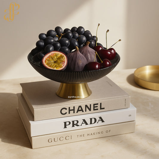 Ribbed Glass Fruit Bowl with Gold Base