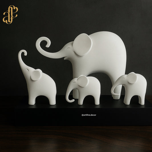 Elephant Family Sculpture – Minimalist White Resin