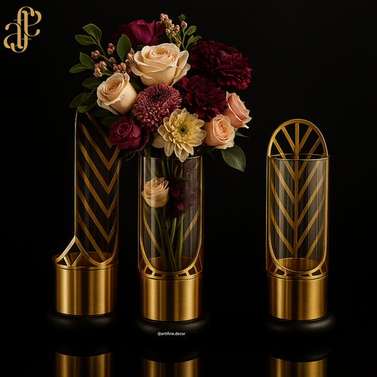 Art Deco Gold Glass Vases – 3-Piece Set