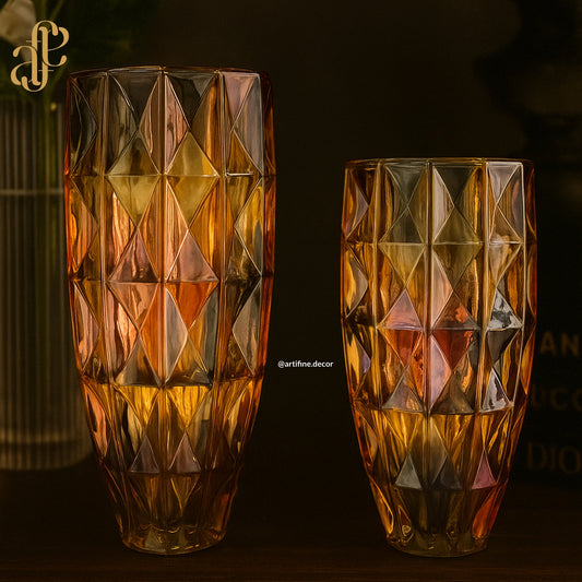 Multicolored Diamond-Cut Glass Vase Set – Radiant Masterpiece