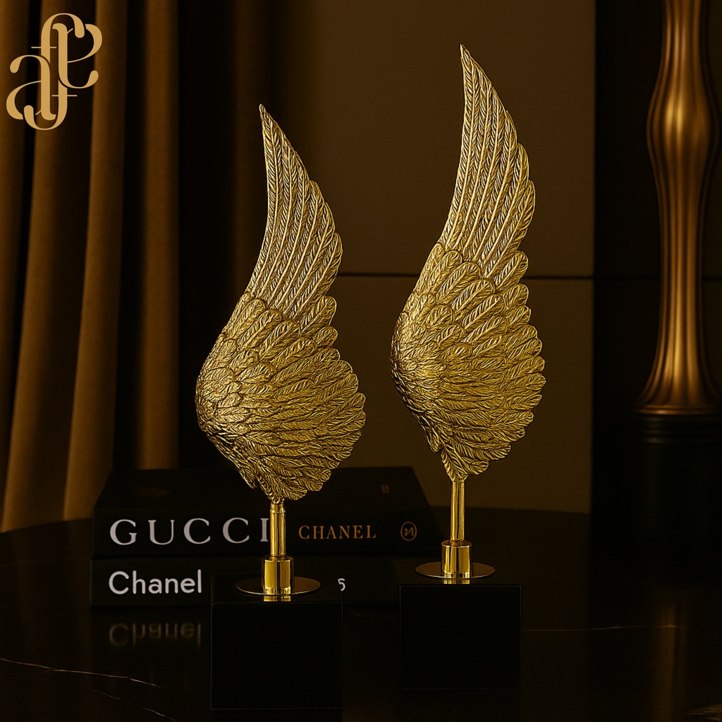 Golden Wing Sculpture – Copper Art with Marble Base