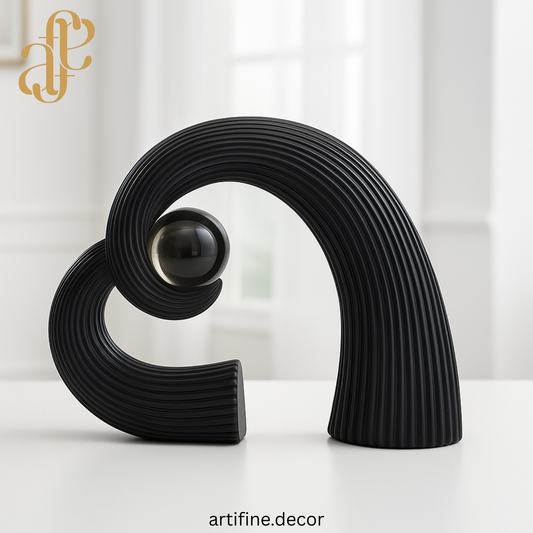 Abstract Harmony Sculpture with Crystal Sphere – Black & White