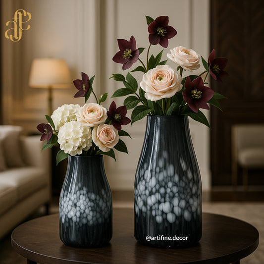 Mouth-Blown Dark Blue Textured Glass Vase Set