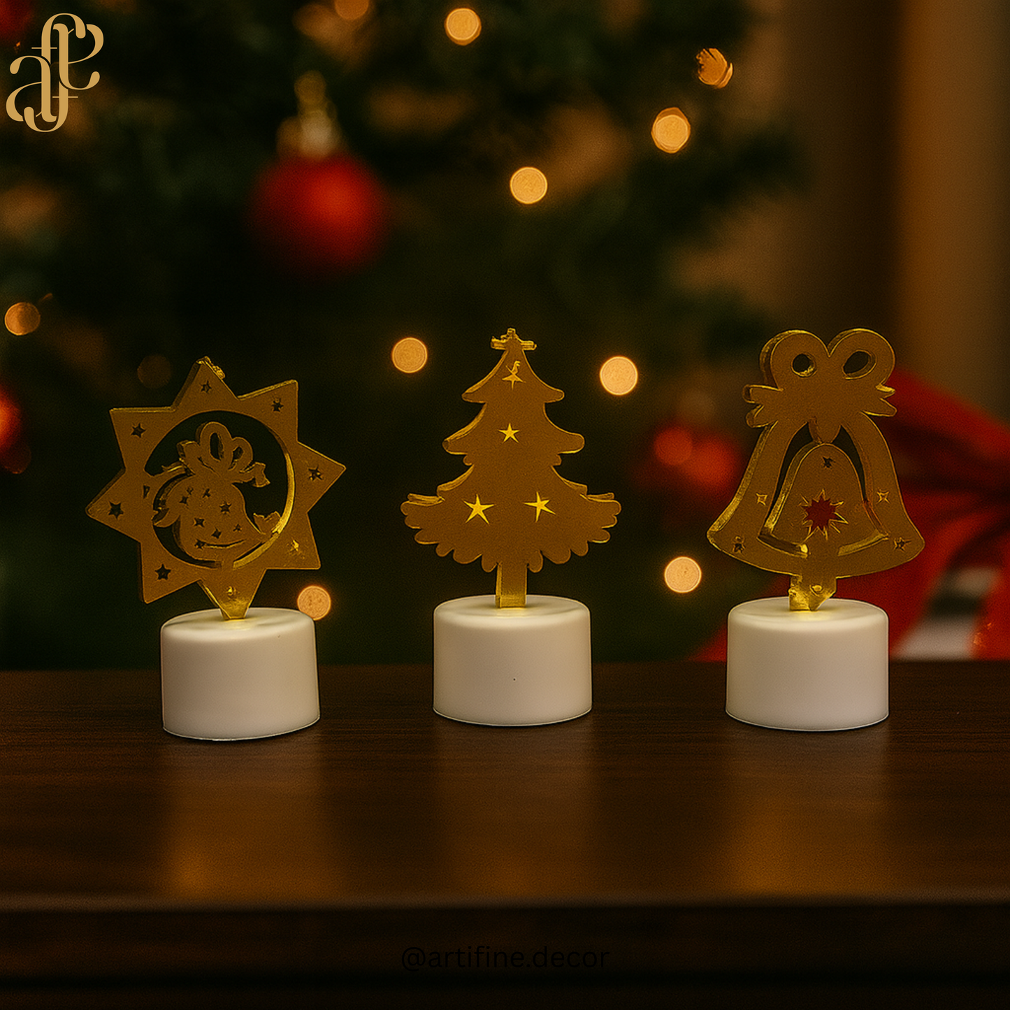 🕯️ Festive LED Candle Set of 3 – Christmas Tree, Bell & Star Designs -