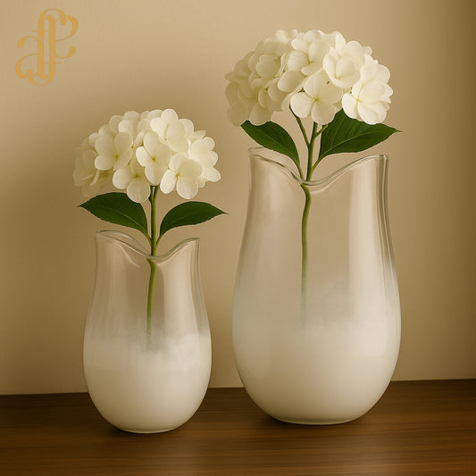 Frosted Wave Glass Vase – Elegant White Gradient