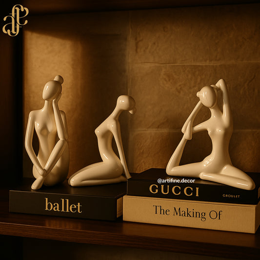 Modern Abstract Yoga Women Sculpture Set – Glossy White