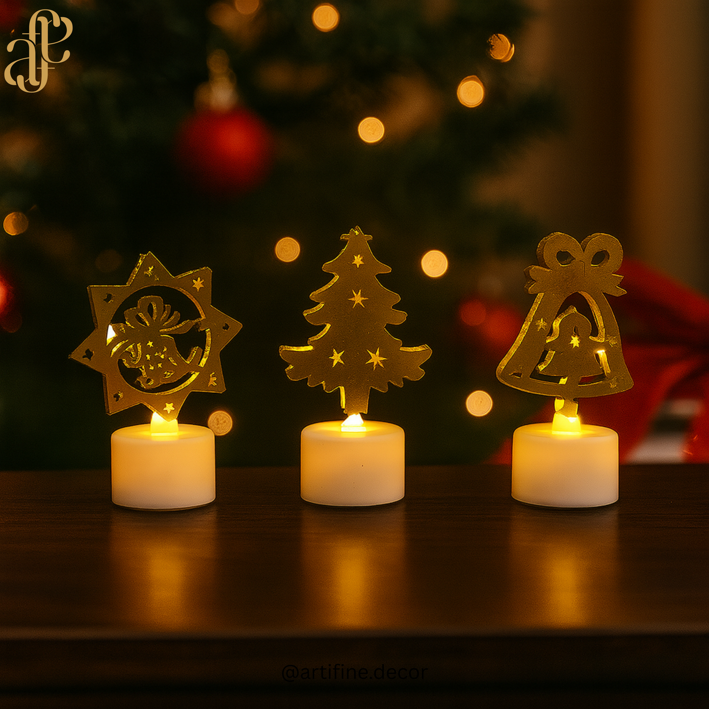 🕯️ Festive LED Candle Set of 3 – Christmas Tree, Bell & Star Designs -