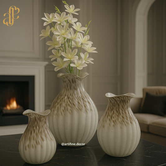 Beige Speckled Elegance Vase Set- Mouth-Blown Rippled Design