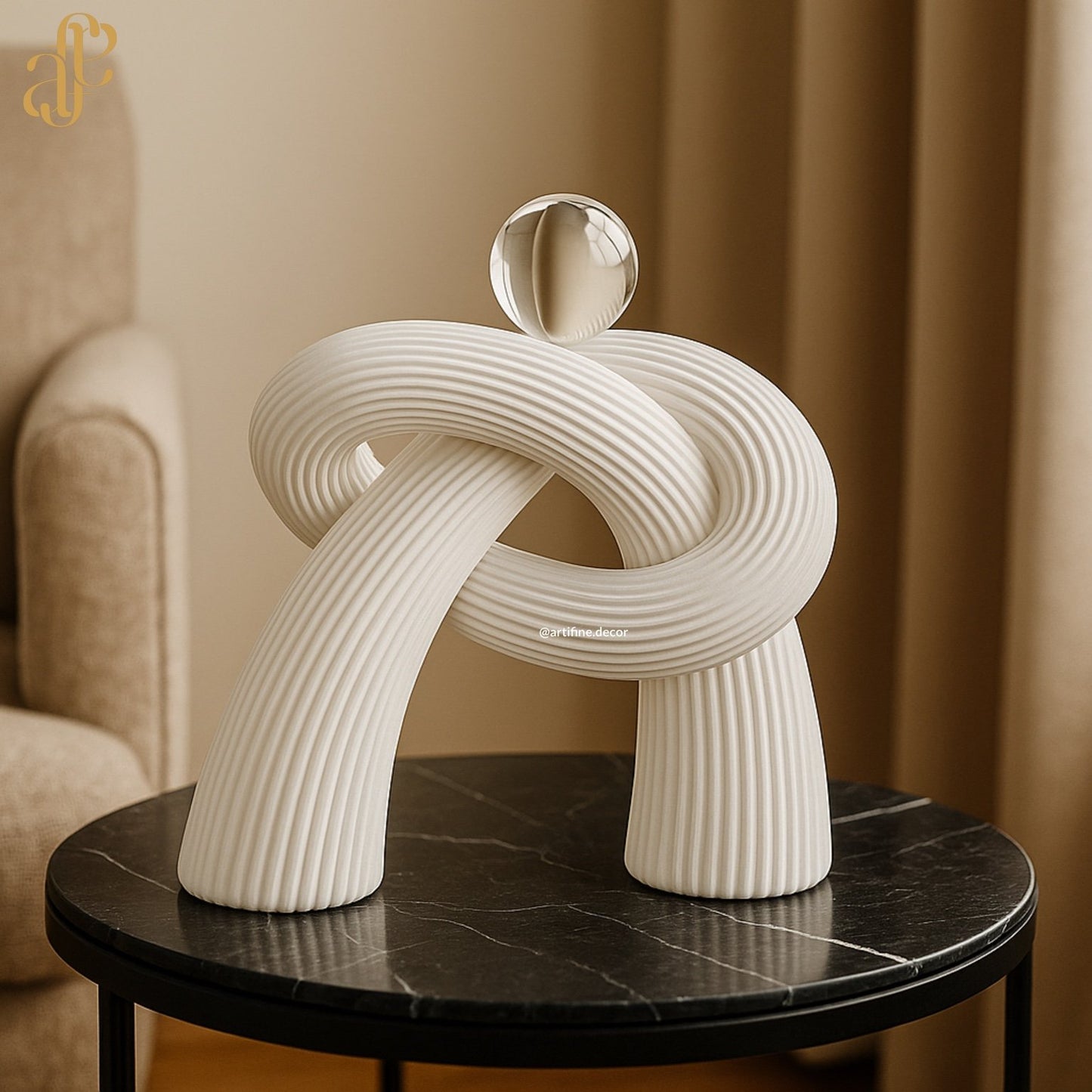 Abstract Knot Sculpture with Crystal Sphere – Black & White