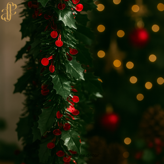 Christmas garland with rich greenery and festive red accents 🎄