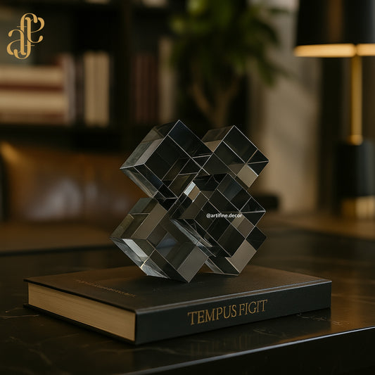 Geometric Crystal Cube Sculpture – Modern Abstract Accent