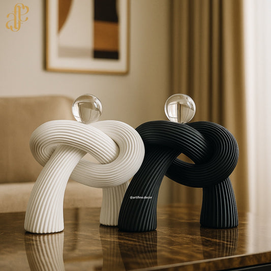 Abstract Knot Sculpture with Crystal Sphere – Black & White