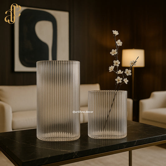 Frosted Ribbed Glass Vase Set – Modern Minimalist Design