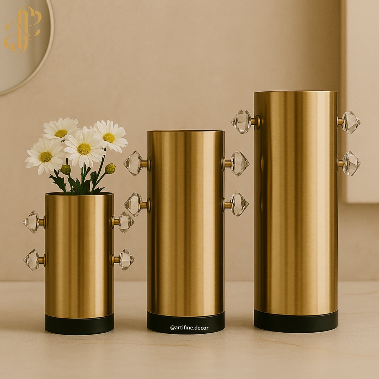 Luxury Gold Stainless Steel Vase Set with Crystal Accents – Set of 3