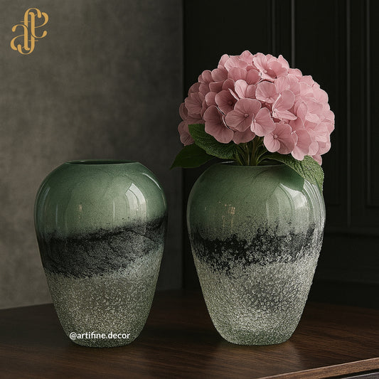 Green Frosted Ombre Glass Vase – Textured Finish