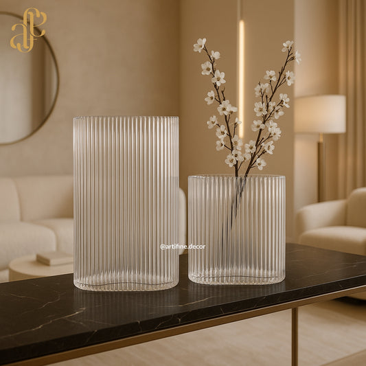 Frosted Ribbed Glass Vase Set – Modern Minimalist Design