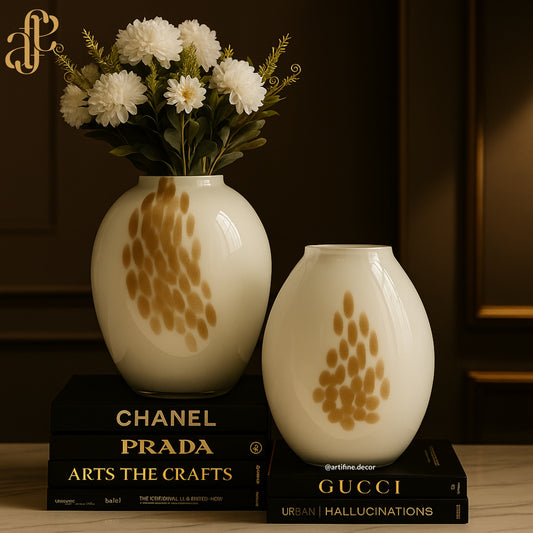 Elegant White Glass Vase Set with Golden Brush Accents