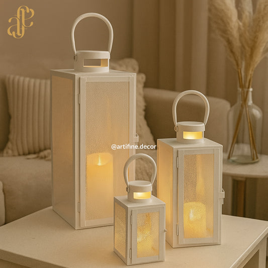 Modern White Metal Lantern Set – Elegant Trio