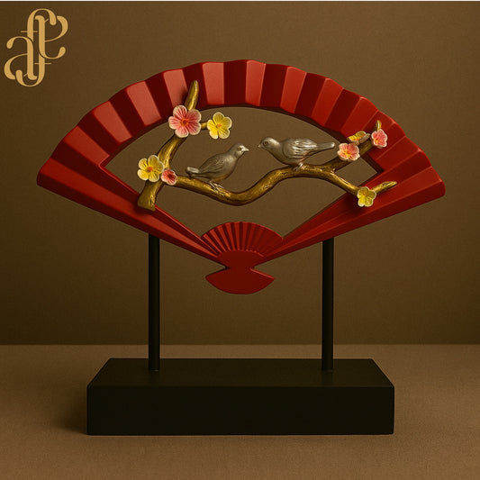 Oriental Fan Sculpture with Birds & Blossoms