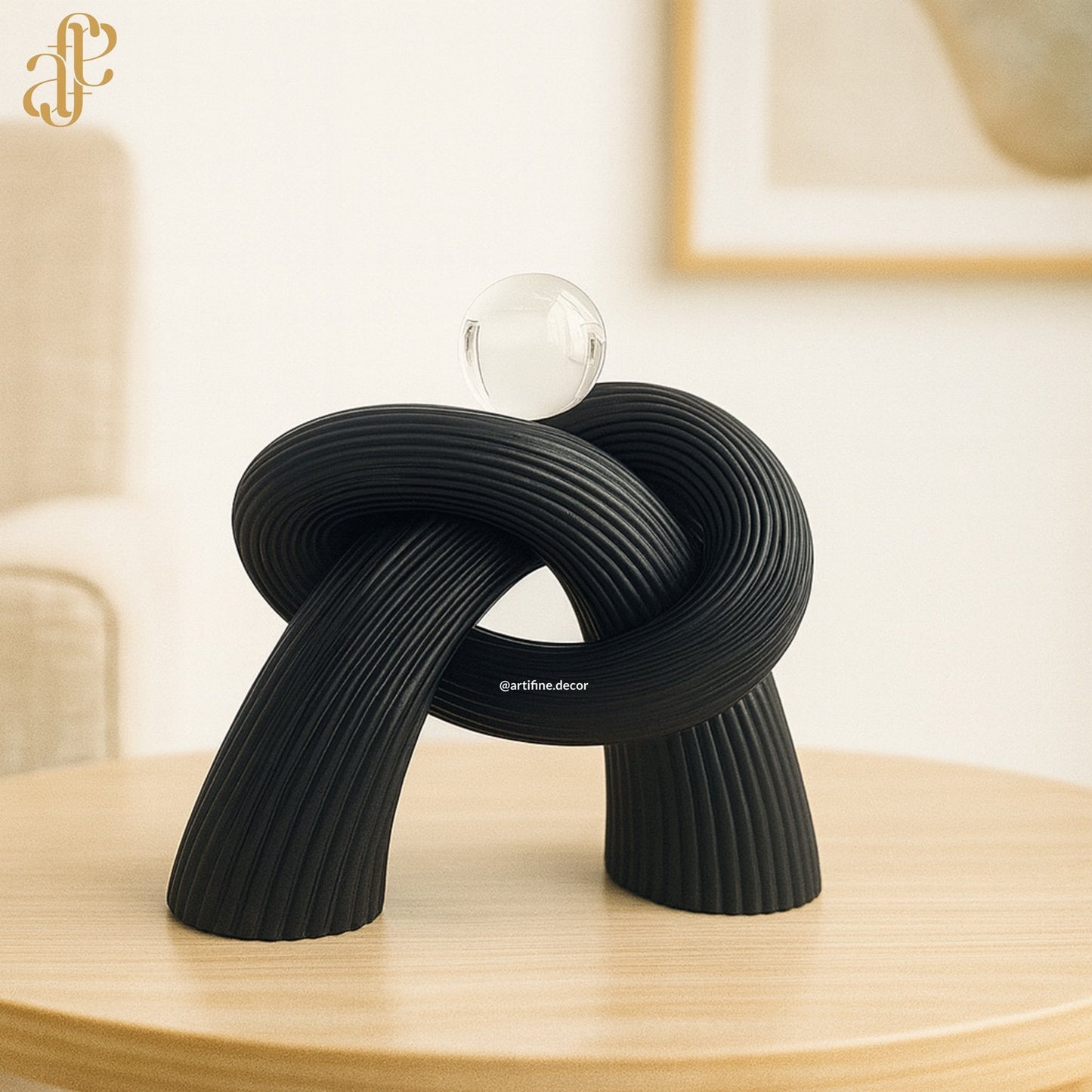 Abstract Knot Sculpture with Crystal Sphere – Black & White