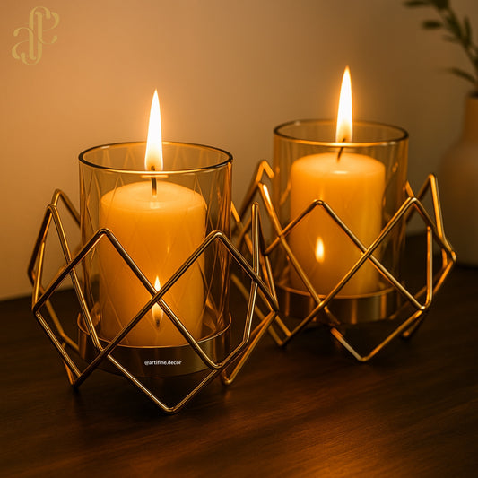 Geometric Gold Candle Holders - Set of 2