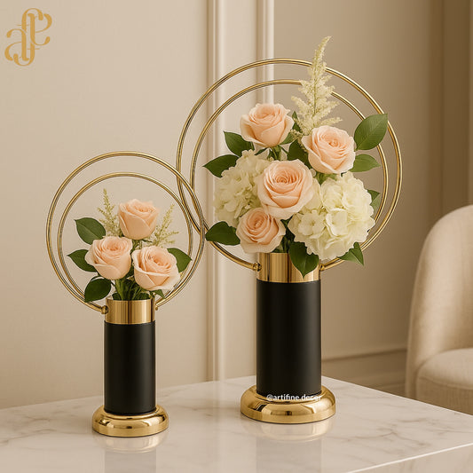 Modern Circular Frame Vase Set – Black and Gold Finish (Set of 2)