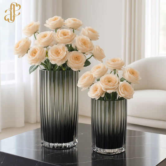 Smoke Gradient Glass Vase Set – Ribbed Vertical Texture
