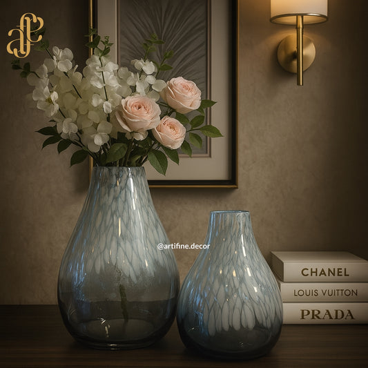 Teardrop Grey Feather Glass Vase Set
