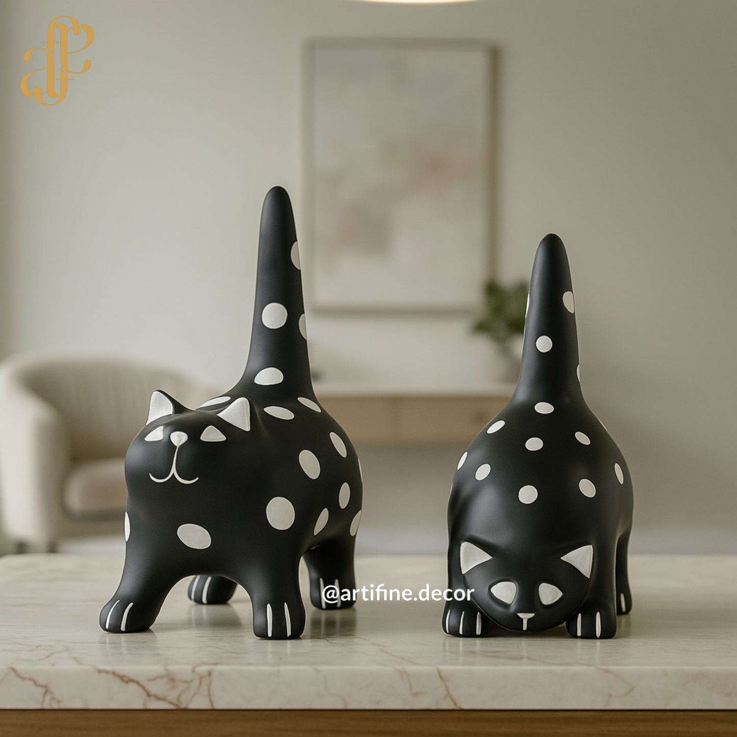 Polka Dot Cat Duo – Black & White Sculptures