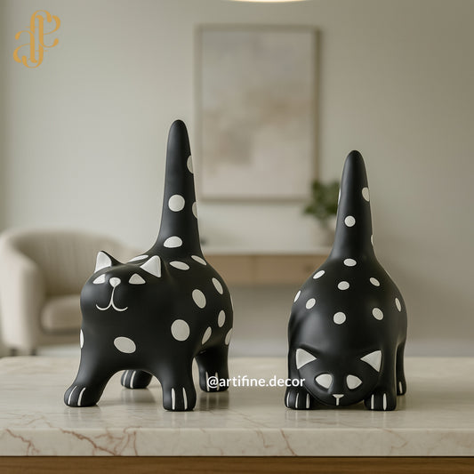 Polka Dot Cat Duo – Black & White Sculptures