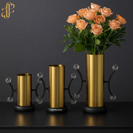 Crystal Handle Gold Vases – 3-Piece Modern Set