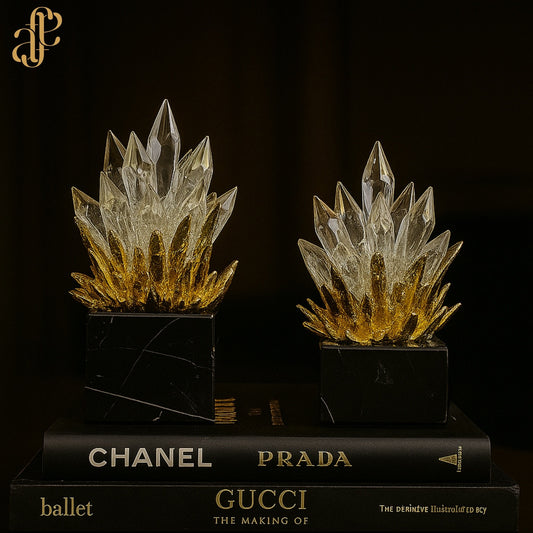 Crystal Flame Sculpture Set – Gold-Tipped Crystal on Natural Marble Base