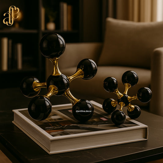 Handcrafted Crystal-Black Atomic Sculpture – Gold Accents