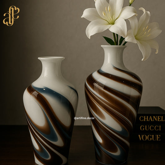 Swirl Enamel Vase Set – White, Brown & Blue