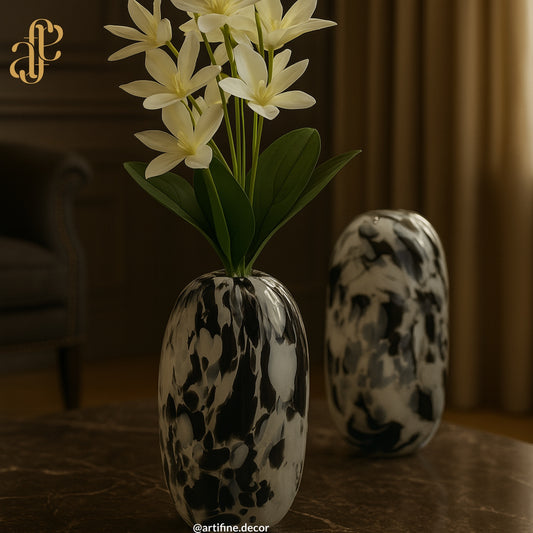 Abstract Black & White Art Glass Vase Set & Plate