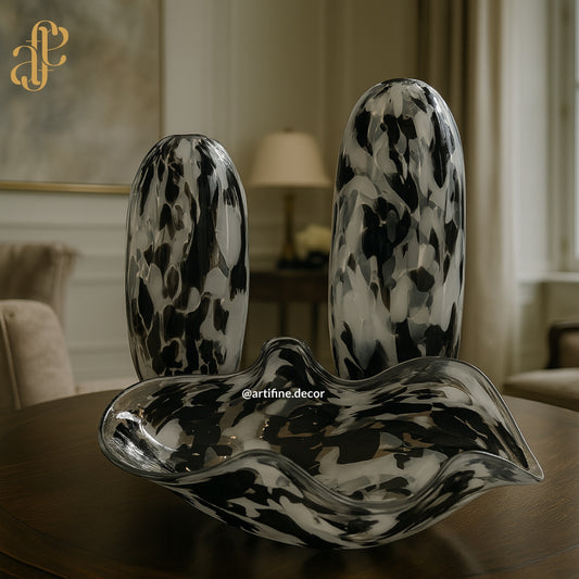 Abstract Black & White Art Glass Vase Set & Plate