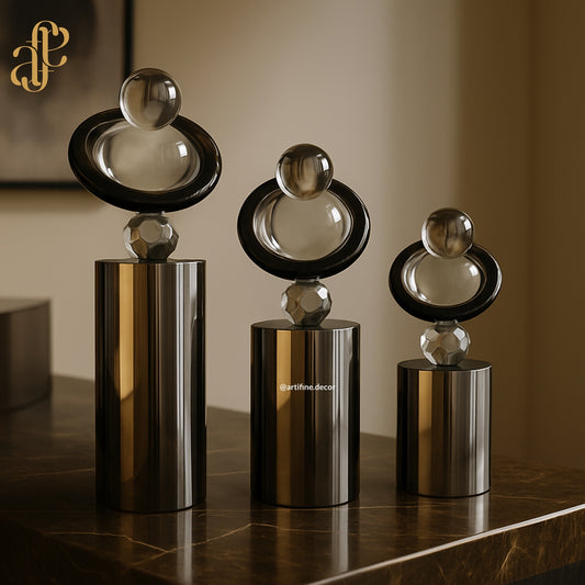 Full Crystal Orb & Ring Sculpture Set – Grey Finish
