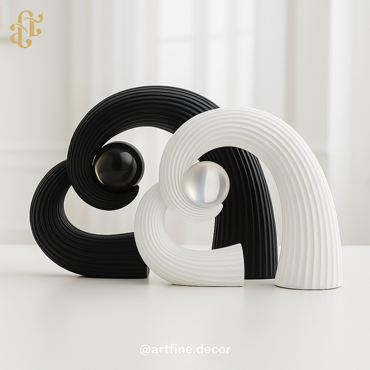 Abstract Harmony Sculpture with Crystal Sphere – Black & White